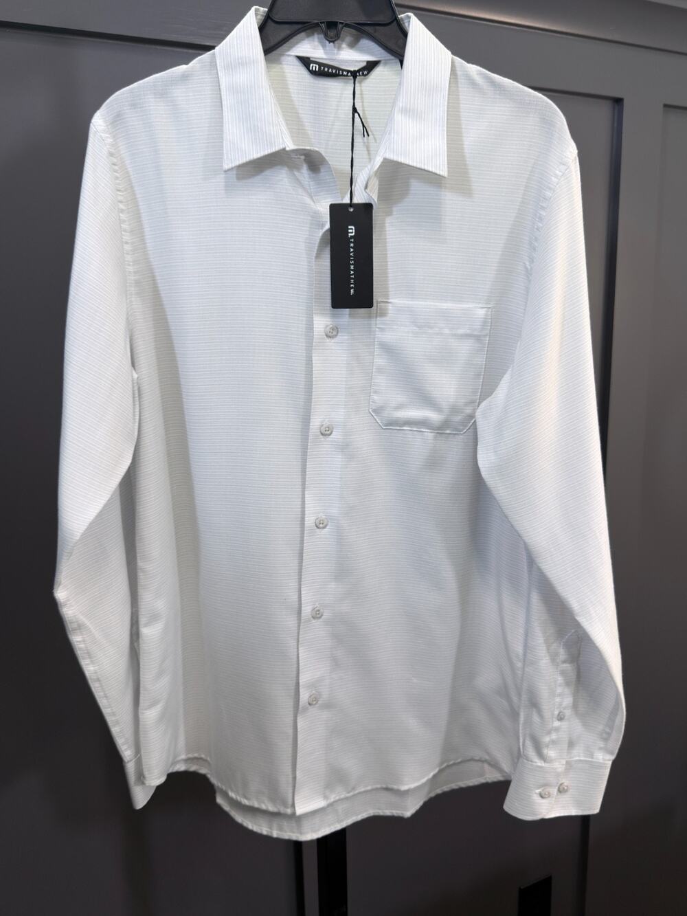 Travis Mathew Striped Dress Shirt White Gray Long Sleeve Pocket Size S NWT